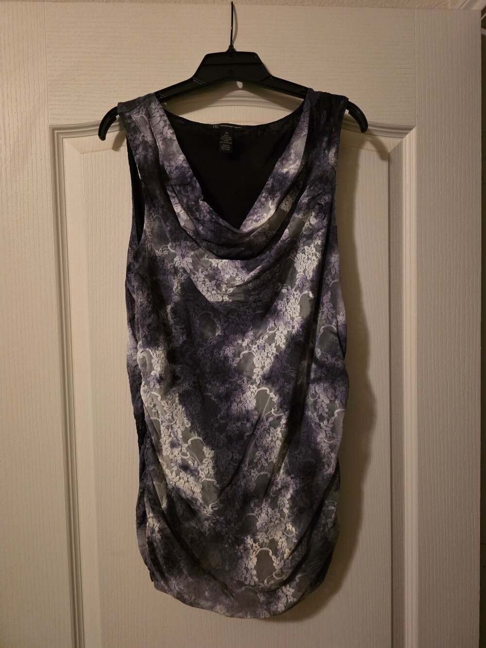 INC International Concepts Women's XL Black Grey Lace Cowl Sleeveless Top
